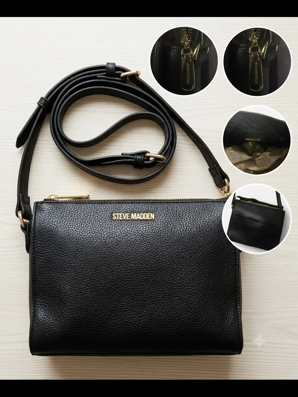 ​Steve Madden Black Pebbled Crossbody Camera Bag Multi Compartment Gold Zipper